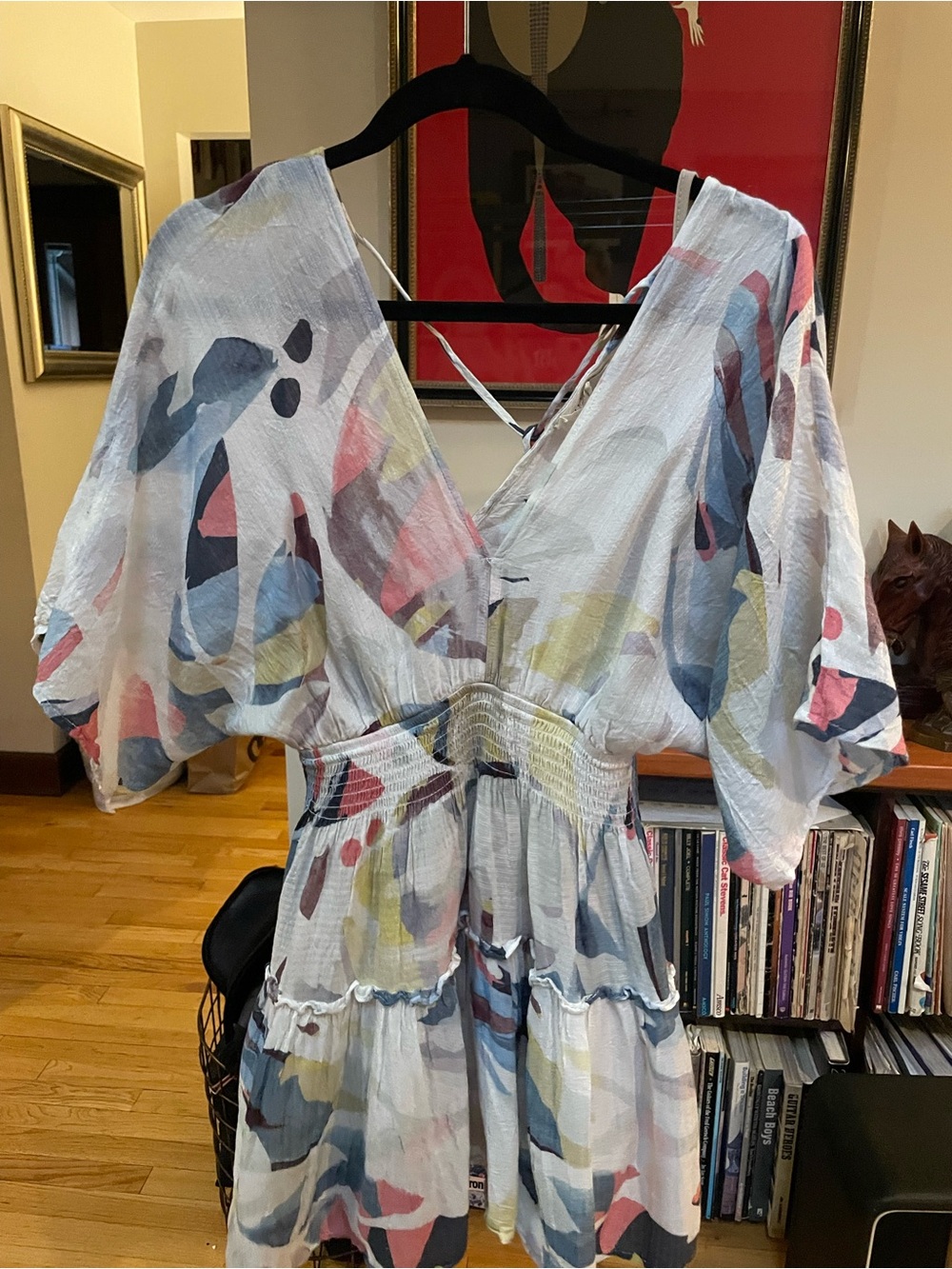 lovestitch Light Blue Abstract Print V-Neck Tiered Mini Dress
